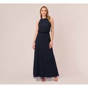 Adrianna Papell Art Deco Beaded Blouson Dress With Halter Neckline In Navy Black